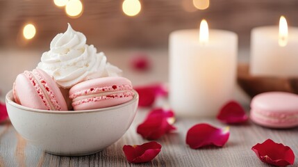 A beautifully arranged bowl of pink macarons with whipped cream and rose petals captures the essence of indulgence, enhancing the romantic atmosphere of dessert culture.