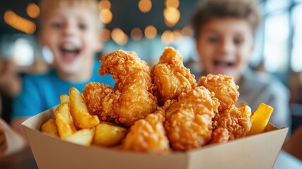 Two excited children sharing a box of crispy chicken and fries embody the carefree spirit of childhood, highlighting joy and togetherness during a fun dining experience.