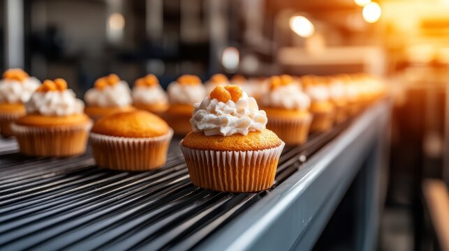 A vibrant display of freshly baked cupcakes lined up on a production conveyor, highlighting the craftsmanship and quality of homemade sweets in a commercial kitchen environment.