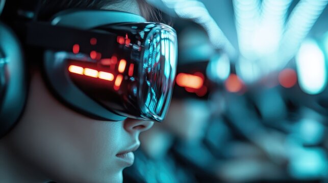 A group of futuristic individuals wearing sleek virtual reality headsets engaged in an immersive digital experience, highlighting the convergence of technology and human interaction.