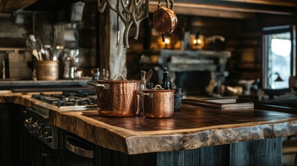 Rustic mountain lodge kitchen island with copper pots, antler decor and thick wooden slabs, close-up, dark wood and forest tones