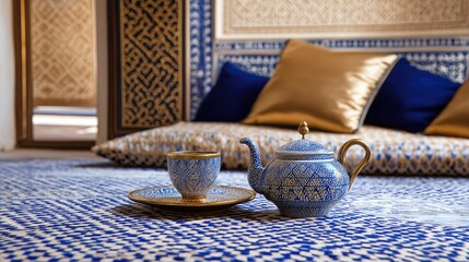 Traditional Moroccan salon with geometric patterns, floor cushions and tea set, close-up, cobalt blue and gold
