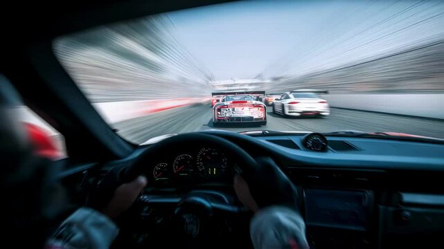 Professional race car driver competing in a high speed championship on a racetrack, viewed from inside the car, showing the steering wheel and dashboard