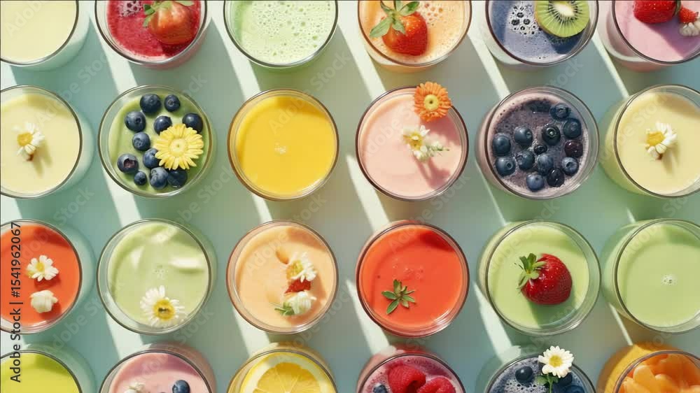 Poster selection of different colorful smoothies made with assorted fruits.