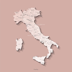 Vector modern isolated illustration. Simplified bieige administrative map of Italy. Names of capital, cities and regions. Brown background