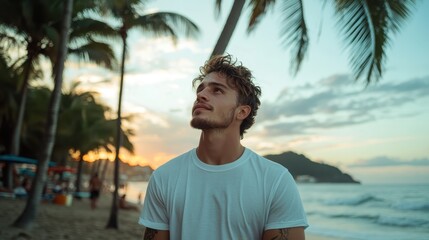 A reflective young man gazes at the ocean during a stunning sunset, capturing a moment of introspection, tranquility, and the beauty of nature merging with human emotion.