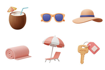 Set of 3d tropical vacation essentials including coconut drink, sunglasses, hotel key and beach gear  