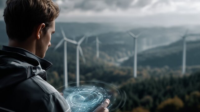 Engineer controlling futuristic digital interface while monitoring wind turbine farm, analyzing renewable energy production and optimizing sustainable power generation