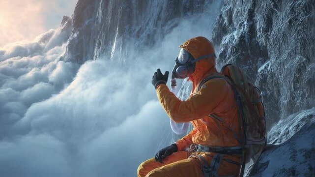 High altitude climber wearing an orange suit and backpack sits on a snowy peak above the clouds, breathing with an oxygen mask and gesturing with his hand