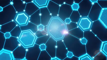 Illuminated blue network comprised of interconnected glowing geometric shapes against a dark backdrop, conveying connectivity and innovation