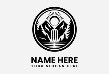 A black and white logo design featuring a circular emblem of mountains, a sun, a waterfall, and a forest, with a tranquil lake scene.