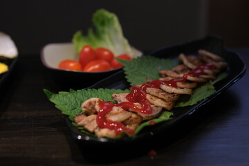 Grilled meat skewers, roasted shish kebab with onion and tomatoes, isolated High quality photo