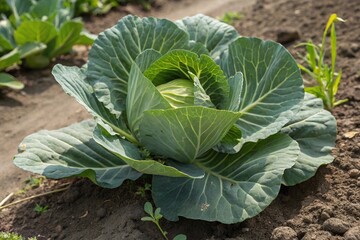 Fresh green cabbage growing in garde
Close-up photo of healthy green cabbage heads growing in a vegetable garden, surrounded by dark soil and natural light.
