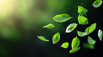 Fresh basil leaves in mid-air against a blurred green background.  Bright, vibrant greens and soft bokeh