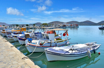  Fishing boats in marina. Elounda is a small fishing town on the northern coast of the island of Crete.