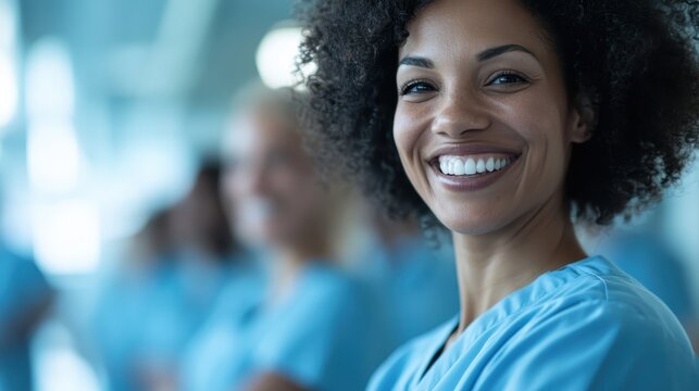 A joyful healthcare professional in scrubs smiles warmly at the camera, embodying hope and compassion as part of a supportive medical team in a clinical setting.