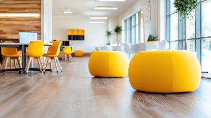 An inviting café interior showcasing contemporary design with yellow seating and ample natural light, creating a warm, cheerful atmosphere for social gatherings and work.
