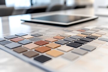 A kitchen countertop, tile samples. Generative AI