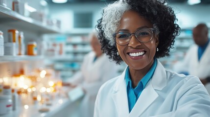 A friendly pharmacist smiles in a well-organized pharmacy, embodying professionalism and care in the health sector, showcasing a positive interaction with customers.