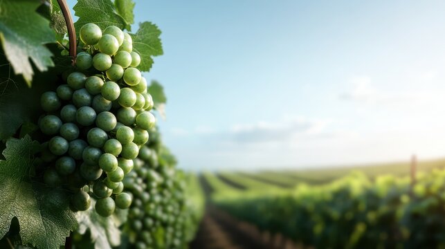 A cluster of fresh green grapes hanging in a sunlit vineyard highlights the beauty of agriculture, the art of viticulture, and the promise of a fruitful harvest. - Powered by Adobe