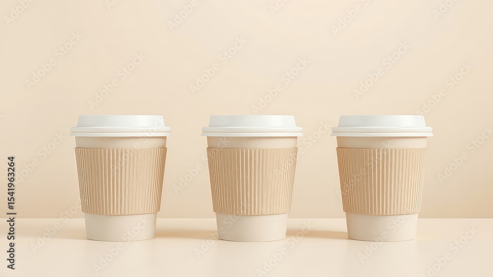 Poster three beverage cups aligned on a plain surface against a soft muted background to present warmth