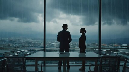Business People Looking Out at Rainy City From High Rise Office - Powered by Adobe