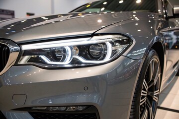 Luxury car front view with LED headlights
Close-up of a high-end silver car showcasing sleek LED headlights, modern design details, and polished showroom reflection.
