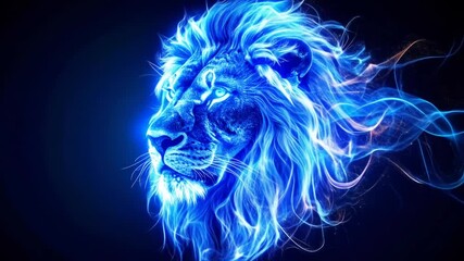 A lion ablaze in vibrant blue flames against a dark background - Powered by Adobe