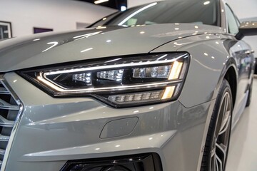 Close-up of modern luxury car headlight in showroom
Detailed front view of sleek silver luxury car with LED headlight and aerodynamic lines, showcased in bright indoor showroom setting.
