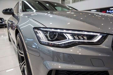 Close-up of modern luxury car headlight in showroom
Detailed front view of sleek silver luxury car with LED headlight and aerodynamic lines, showcased in bright indoor showroom setting.
