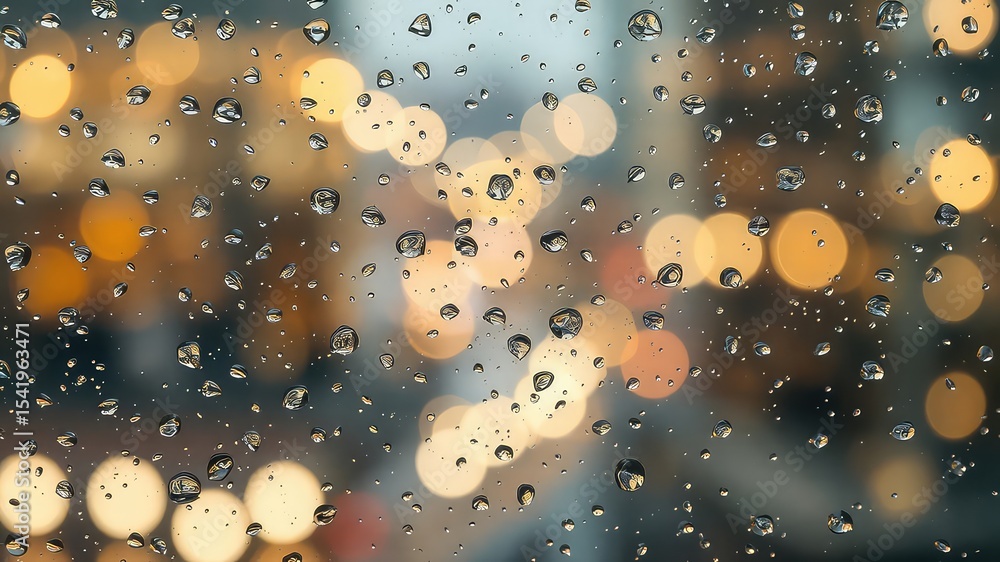 Poster raindrops on a window pane create an abstract pattern with bokeh lights in the background
