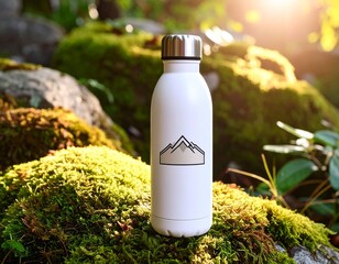 White metal reusable water bottle with engraved mountain illustration, placed on moss 