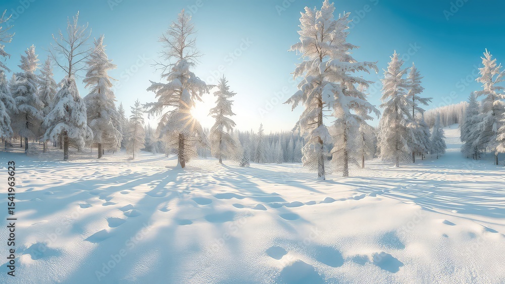 Poster sunlight dapples through the snowy forest illuminating footprints on the pristine blanket of fresh, 
