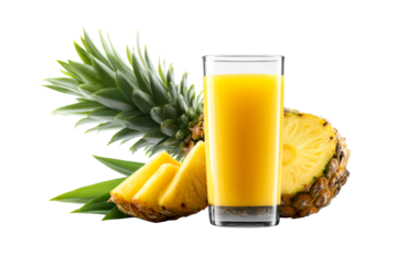 Fresh pineapple juice with sliced fruit and whole pineapple nearby