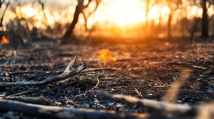 Obraz premium Burnt ground and dead trees reveal climate change impact under warm harsh light