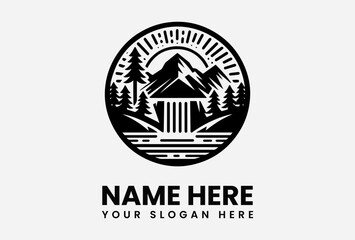 Monochrome mountain landscape logo featuring a waterfall, pine trees, and a rising sun, encircled within a badge design.