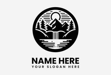 Black and white logo featuring a serene mountain landscape with a waterfall, sun, and trees, encircled within a circular frame.