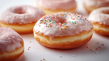 This vibrant display of donuts showcases an assortment of flavors and colorful sprinkles, evoking a sense of indulgence and delight, perfect for sweet cravings and celebrations.