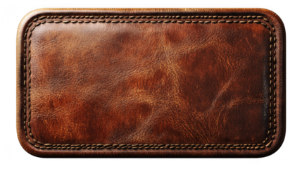 Brown leather label patch stitched edge isolated on transparent background