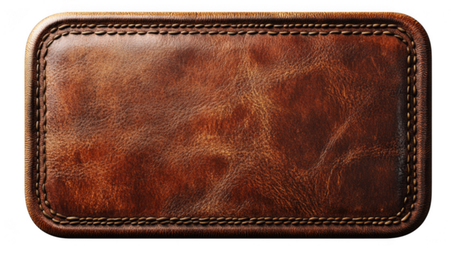 Brown leather label patch stitched edge isolated on transparent background