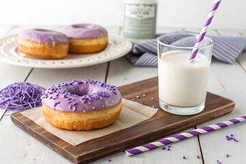 Purple frosted donut with milk on wooden board
Delicious vanilla donut with purple icing and sprinkles served with a glass of milk and striped straw on rustic wood surface.
