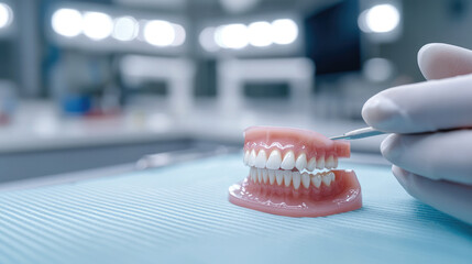 Side view artificial denture on blue surface, dental tool in gloved hand, clinical background, clean and professional