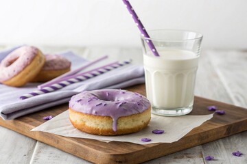 Purple frosted donut with milk on wooden board
Delicious vanilla donut with purple icing and sprinkles served with a glass of milk and striped straw on rustic wood surface.
