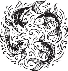 Fototapeta premium Koi Fish in a Circle - Line Art Illustration