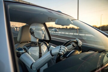 Humanoid robot driving car on highway at sunset
Realistic humanoid robot operates vehicle on highway during golden hour, representing AI autonomy, futuristic transport, and robotics integration.
