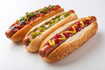 Assorted gourmet hot dogs with colorful toppings
Four hot dogs in soft buns topped with mustard, relish, onions, pickles, and peppers, showcasing variety in classic American fast food.
