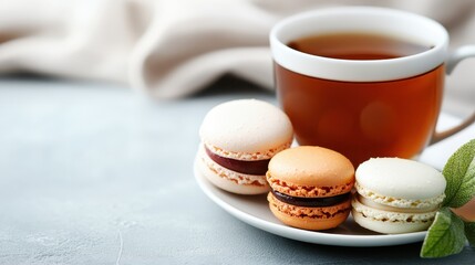 An aesthetically pleasing arrangement of colorful macarons sits elegantly next to a steaming cup of tea, embodying the delightful combination of flavors and visual appeal in culinary art.