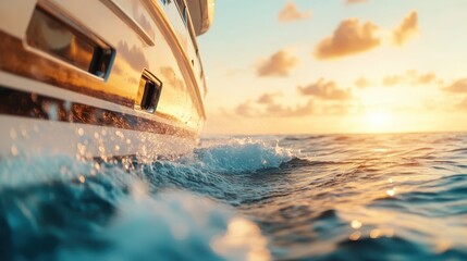 A stunning view of a boat cutting through the waves at sunset, capturing the beauty of the ocean and the warm glow of the setting sun against the horizon.