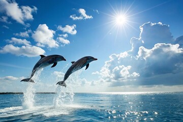 Dolphins leaping from ocean under bright sun
Two dolphins jump high from clear blue ocean water against a dramatic sky and sunburst, capturing joy and marine wildlife freedom.
