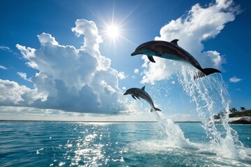 Dolphins leaping from ocean under bright sun
Two dolphins jump high from clear blue ocean water against a dramatic sky and sunburst, capturing joy and marine wildlife freedom.
